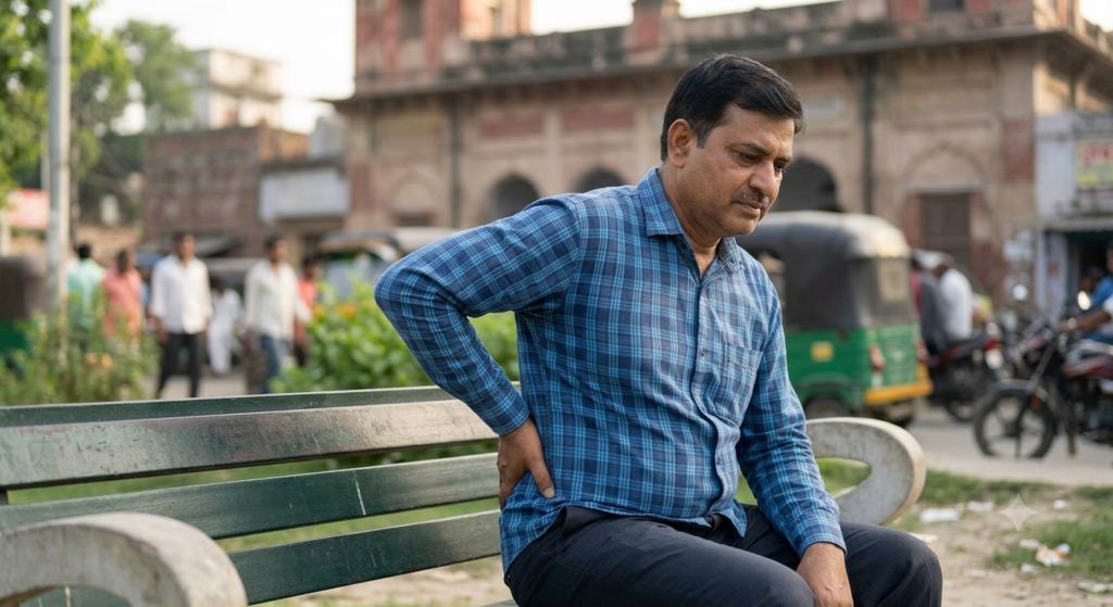 Man feeling discomfort while sitting, a common sign of piles (bawasir)